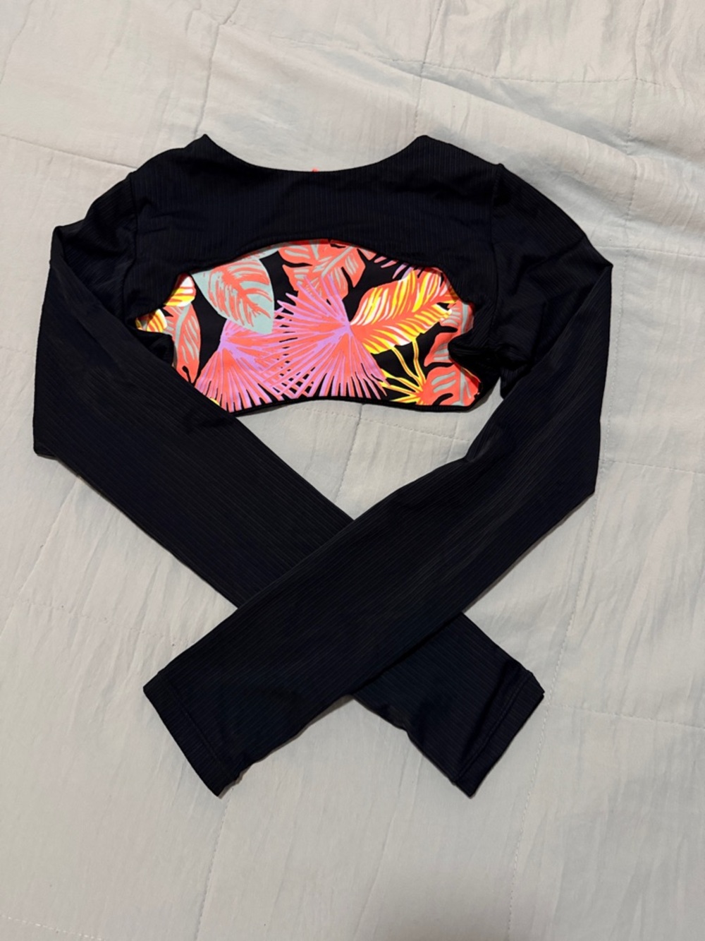 Maaji Black Crop Rash Guard with Neon Tropical Panel